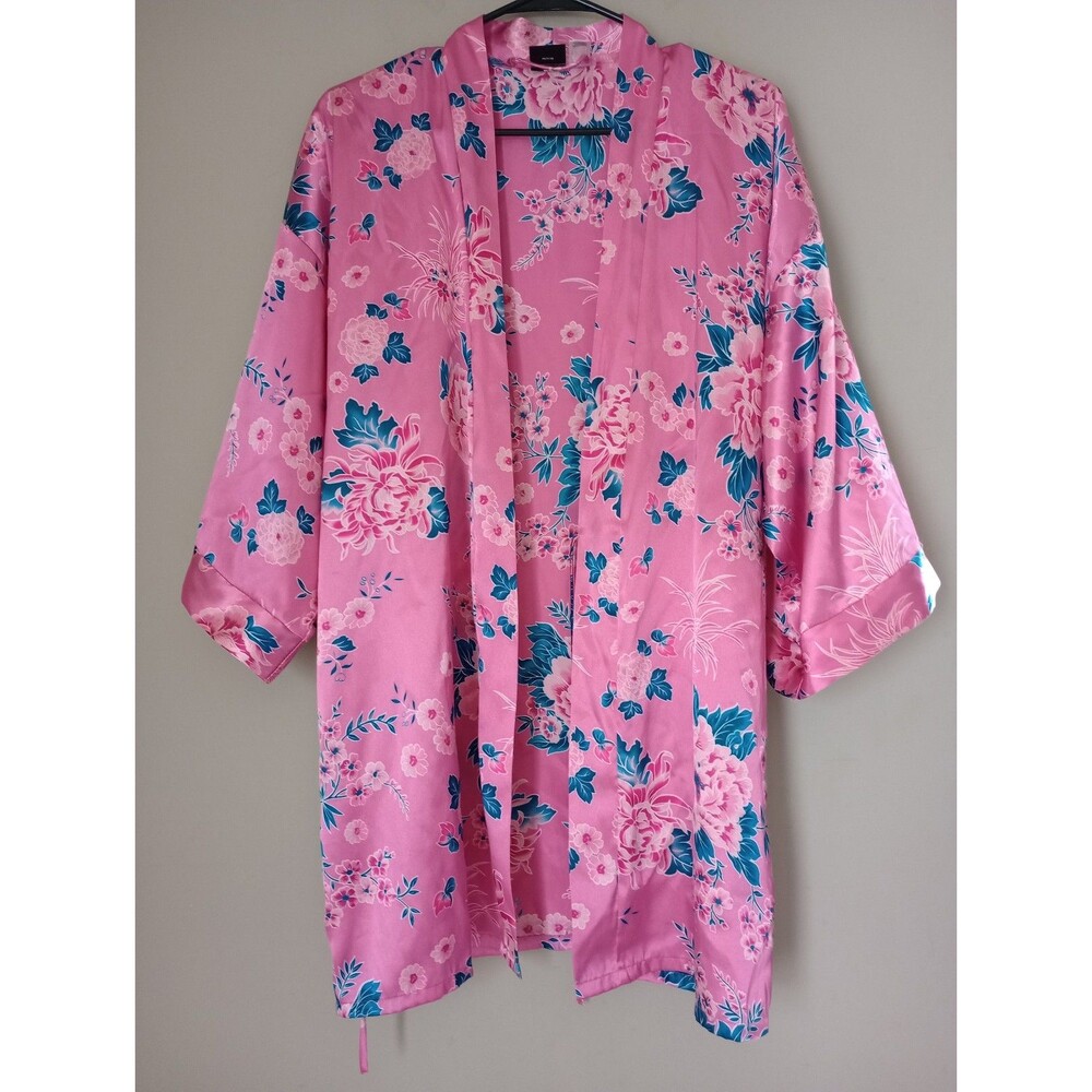 Fredericks of Hollywood Pink Floral Satin Robe Pockets NO BELT One Size